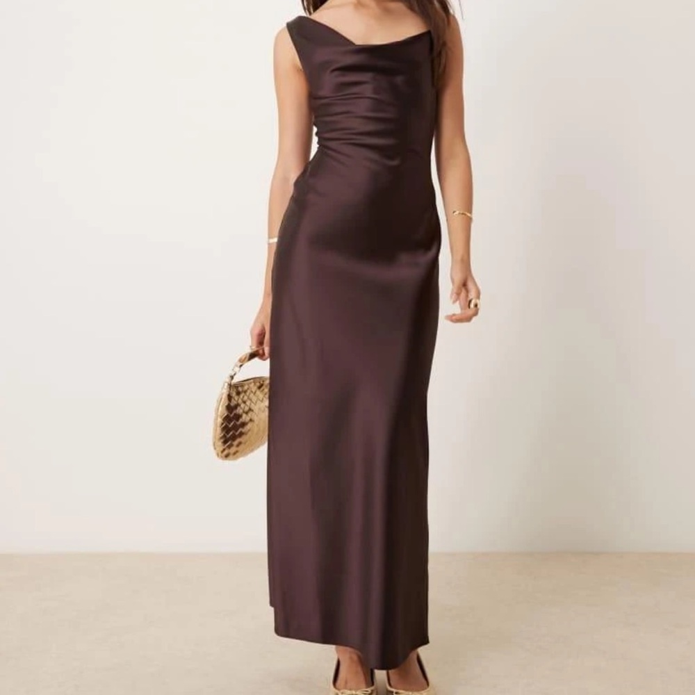 Miss Selfridge Maxi Slip Satin Dress 4 Brown Cowl Neck Open Back Fairy Resort